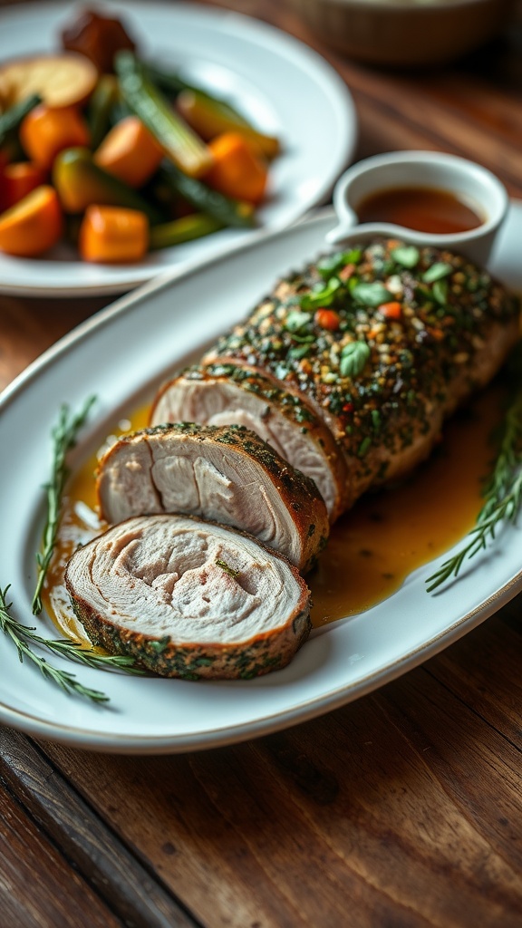 Sliced herb-crusted pork tenderloin on a plate with roasted vegetables and gravy, showcasing a golden crust and tender meat.